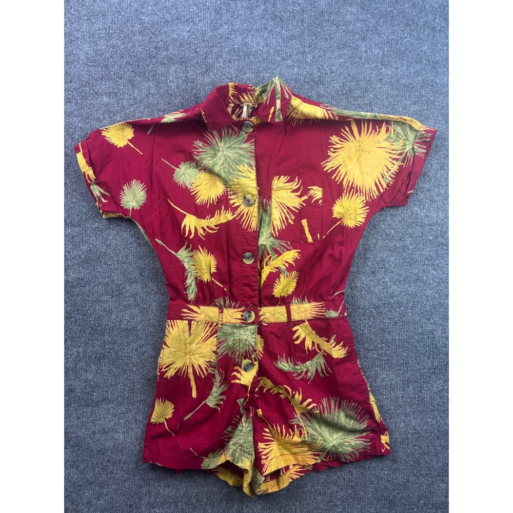 Free‎ People Malibu Romper Womens XS Red Tropical Palm Leaf Print Button Front